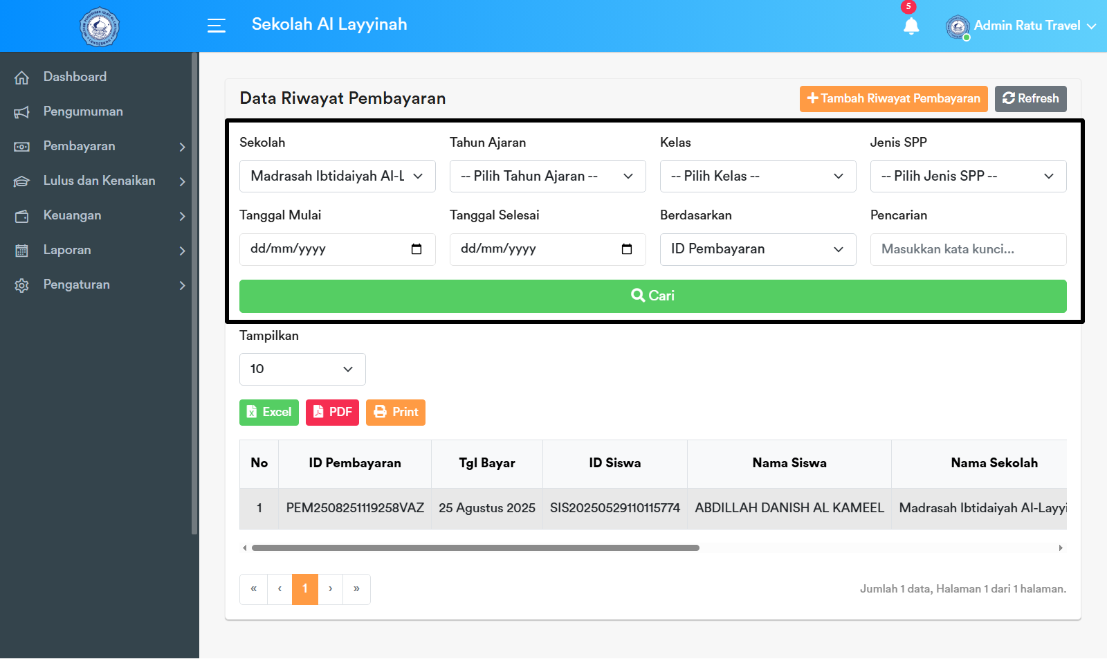 Filter Pencarian Riwayat Pembayaran